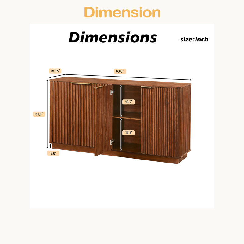 63" Vertical Stripe Buffet Cabinet Sideboard With Stoarge, Curved Wave Design, TV Stand, For Bedroom, Walnut