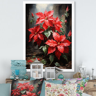 «Red Poinsettias Holiday Velvet Patchwork II» - reproduction d'art sur toile florale et botanique