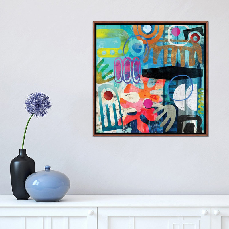 Tribal abstrait bleu par Nikki Chu - imprimé, Cadre brun classique, H 18 po x l 18 po x 1,5 po