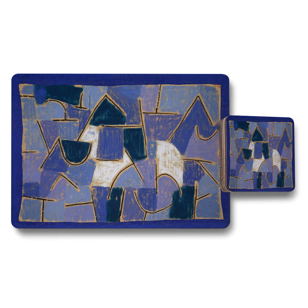 Blue Abstract Geometric Placemats And Coasters Set