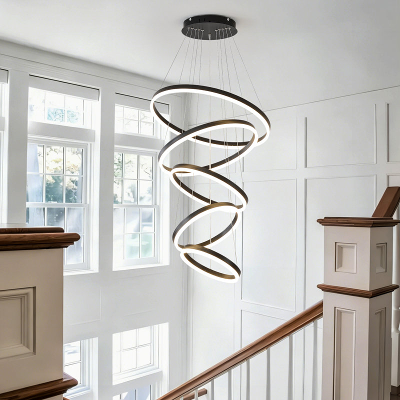 Lustre moderne à anneaux DEL, lustre doré à 5 anneaux pour hauts plafonds, suspension à intensité variable pour hall d'entrée, escalier ou salon.