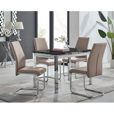 Tierra Modern Glass & Metal Extendable Dining Table Set & 4 Luxury Faux Leather Dining Chairs