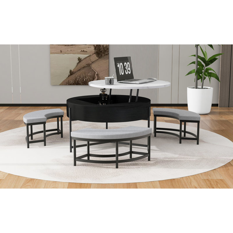 Table basse moderne à plateau relevable avec rangement et 3 repose-pieds blanc et noir, Noir/gris