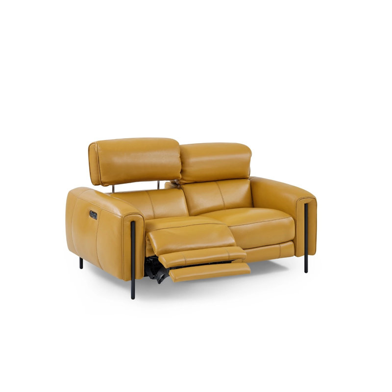 Causeuse inclinable en cuir véritable à accoudoirs arrondis 66 po Charm, Jaune