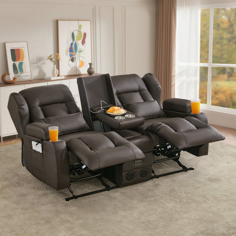 3-Seater Reclining Sofa With Flip-Down Console, Cup Holders, Charging Ports, Storage Drawer & Bluetooth Speakers, Brown