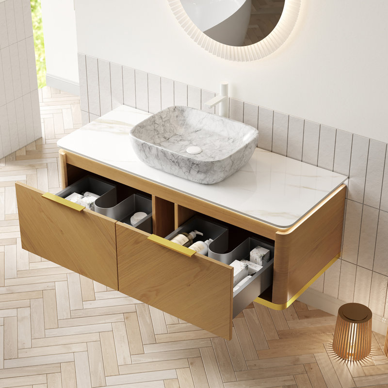 Meuble-lavabo 48 po: armoire flottante en contreplaqué avec tiroirs, capteur, pierre frittée dorée et lavabo en marbre blanc, armoire de rangement de haute qualité de couleur foncée, poignées de tiroir en céramique