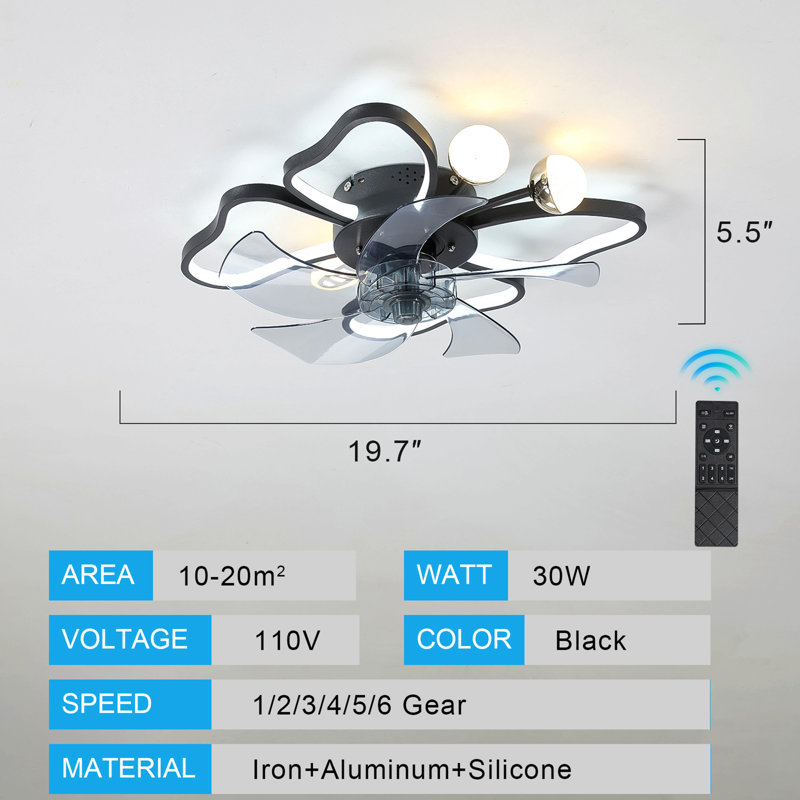 19.7 Inch Light Ceiling Fan With Lights Remote Control With Modern Butterfly Design Styling, Black, Fan For Bedroom, Living Room, Timing Function, Noiseless, Children's Favorite