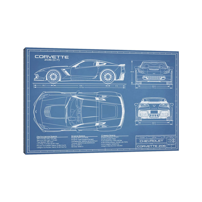 Corvette (C7) Z06 Blueprint by Action Blueprints - Wrapped Canvas Print, 20.32 cm H x 30.48 cm W