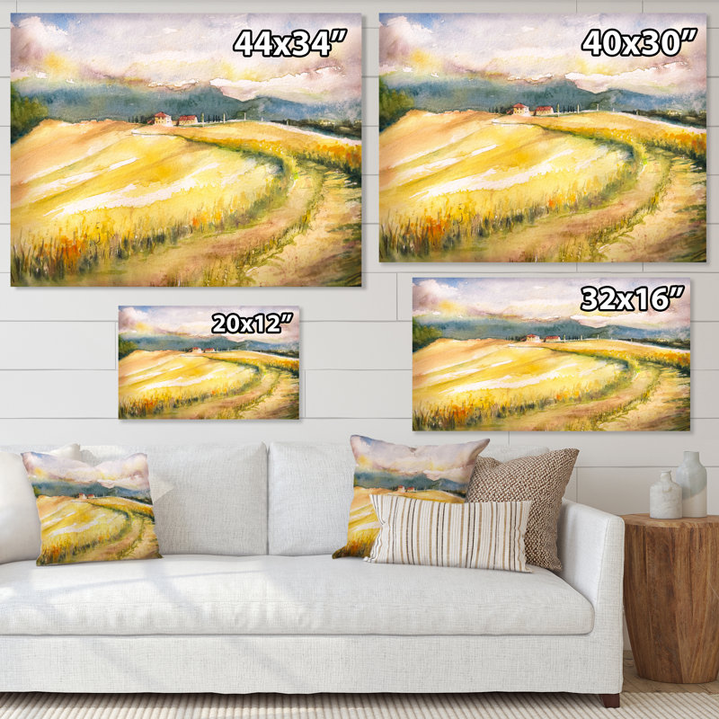 «Italian Blossoming Hayfields», peinture sur toile, H 34 po x l 44 po x P 1,5 po, Toile tendue