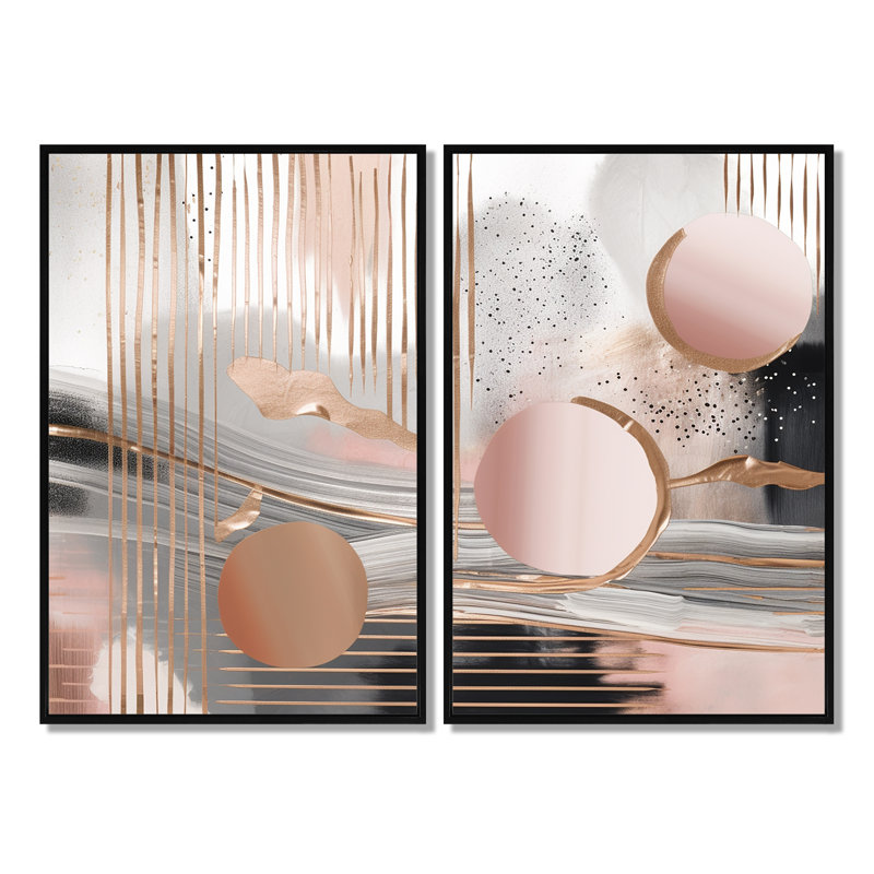 «Pink Rosegold Circle Chaos IV», reproduction d'art abstrait sur toile, 36" H x 48" W, Framed Print without Mat, Black