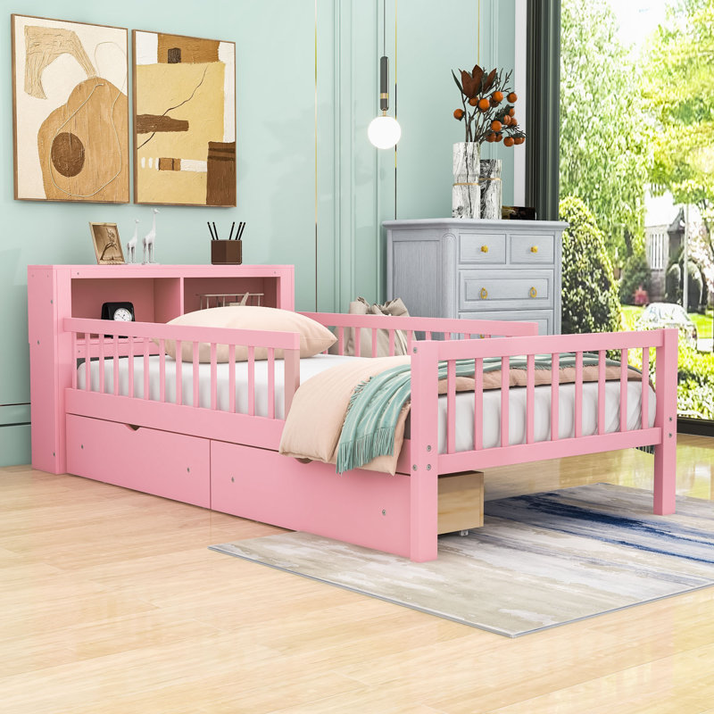 Lit plateforme simple en bois avec 2 tiroirs et tête de lit, Rose