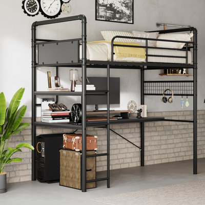 Loft Bunk Bed w/ L-Shaped Desk, Twin Loft Bed w/ Desk Underneath, Metal Bunk Beds w/ High Guardrail and Ladder
