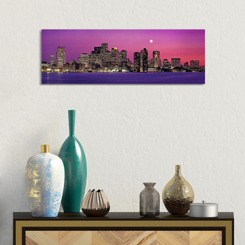 USA, Massachusetts, Boston, View Of An Urban Skyline By The Shore At Night - Wrapped Canvas Panoramic Print