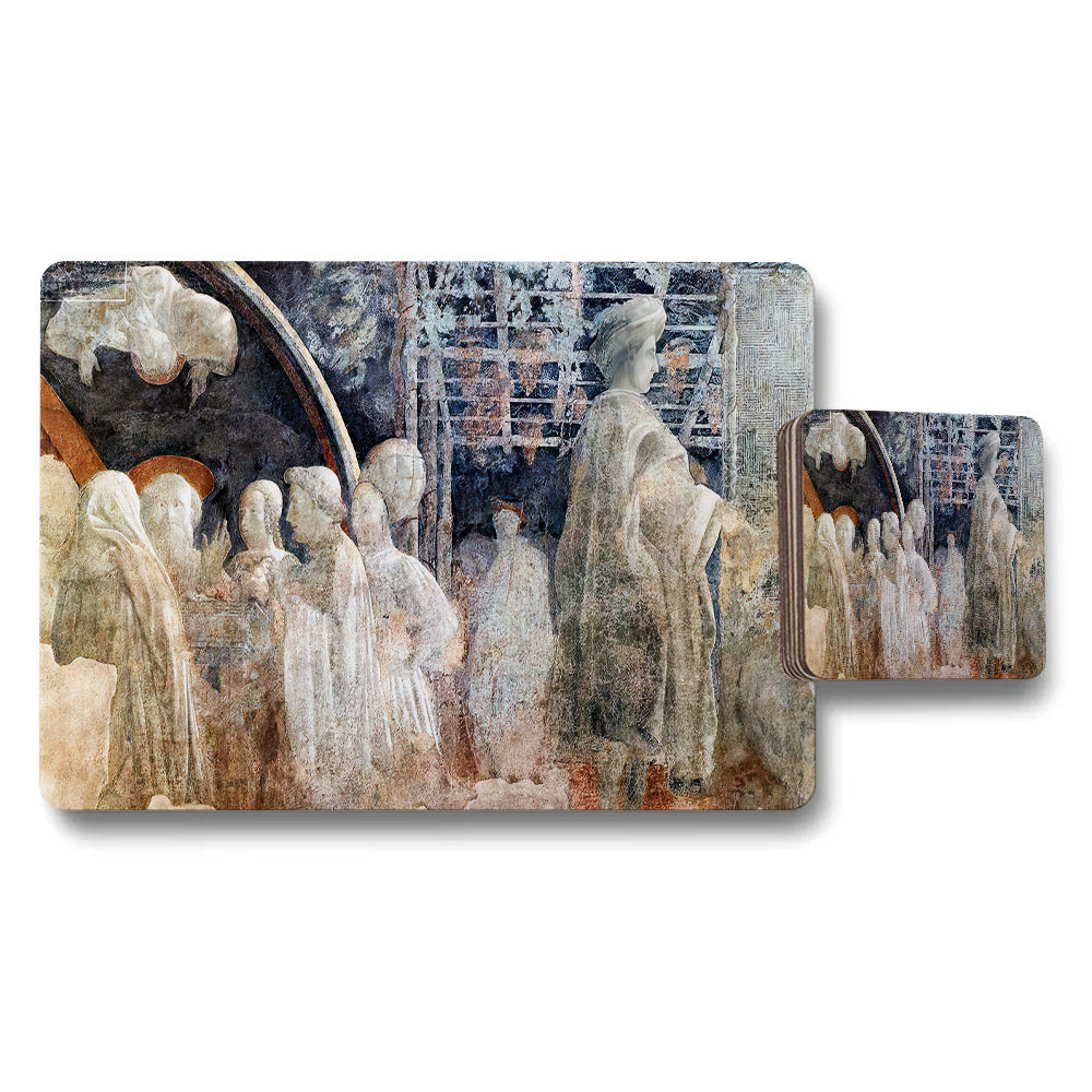 Artistic Placemats And Coaster Set With Vintage Statue Artwork