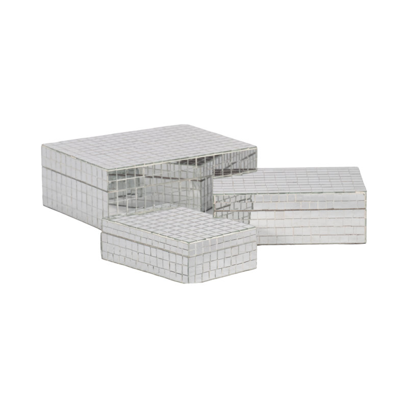 Set Of 3 6/7/9" Mosaic Boxes, Silver
