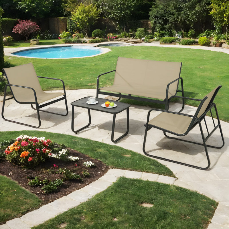 4-Piece Patio Furniture Set, Outdoor PVC-coated polyester Conversation Set With Chairs & Loveseat, With Coffee Table（Khaki）