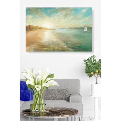 Golden Hour Sailboats Along The Seashore, Green, Blue, Tan, Yellow