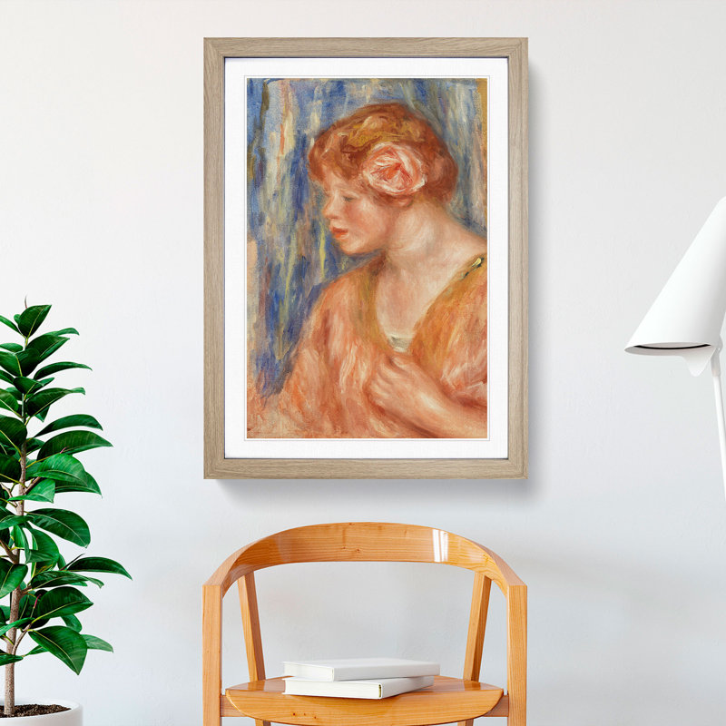 Young Woman with Rose by Pierre-Auguste Renoir - Picture Frame Painting, 36cm H x 27cm W x 2cm D, Oak