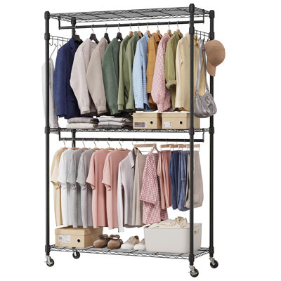 Portant à vêtements roulant robuste, garde-robe portable à 3 niveaux de 115 cm de large avec étagères réglables, portant autoportant pour suspendre les vêtements