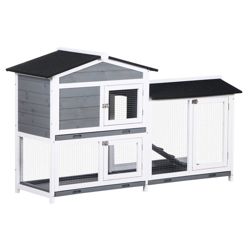 Lapin de 62 po en bois avec surface de roulement et toit en asphalte solide et stable, plateau amovible simple et facile, portes et rampe verrouillables, gris solide et facile