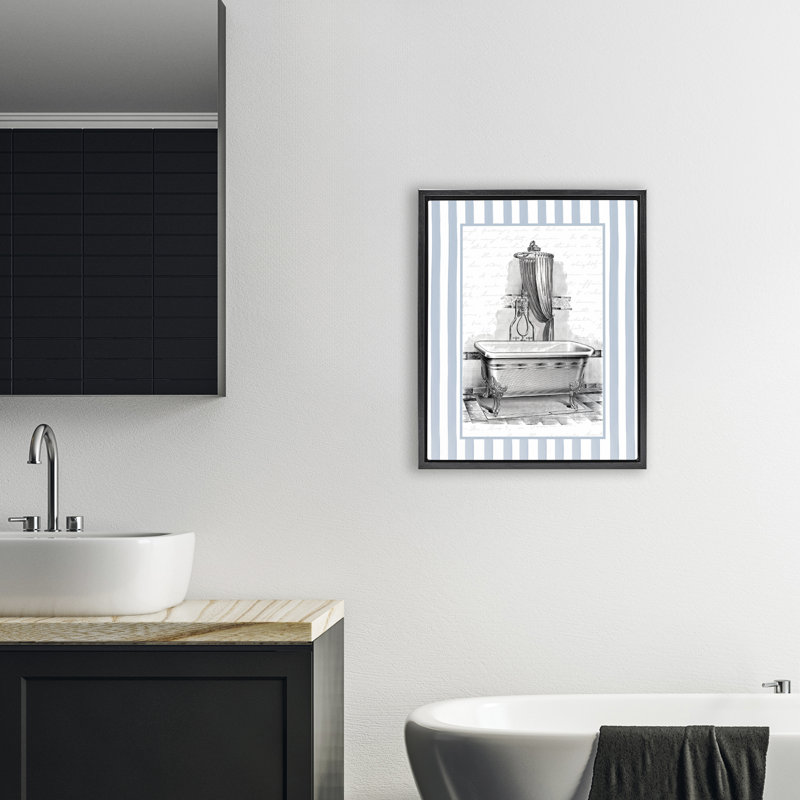Cadre flottant antique à rayures bleues de bain, design par lettré et doublé, Cadre flottant noir de jais, H 21 po x l 17 po