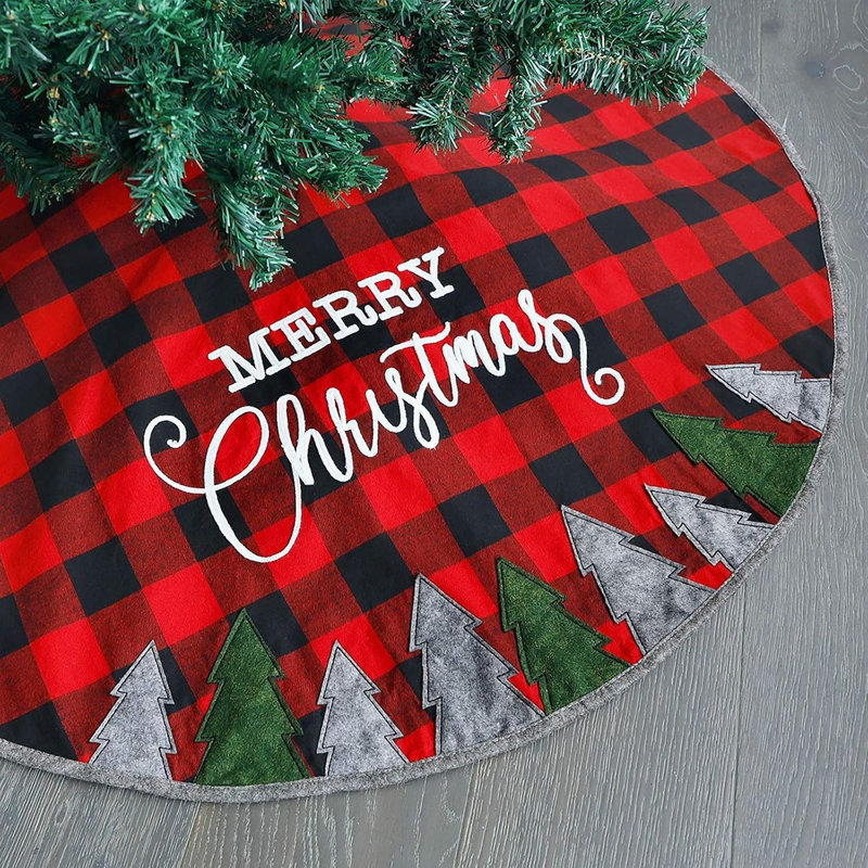 Red and Black Plaid Christmas Tree Skirt, Double-Layer Holiday Tree Mat Decor