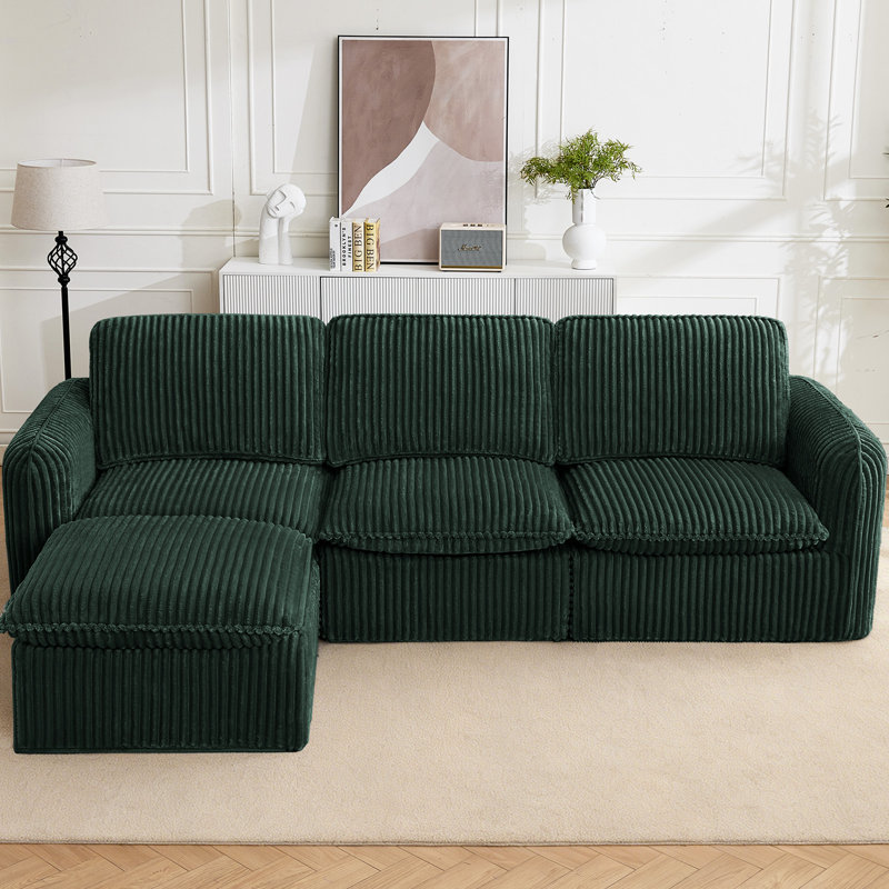 Modern Boneless Sectional Modular Sofa With Ottoman, Green Corduroy