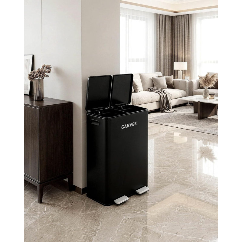 60L Dual Compartment Pedal Trash Can, Matte Black, Black
