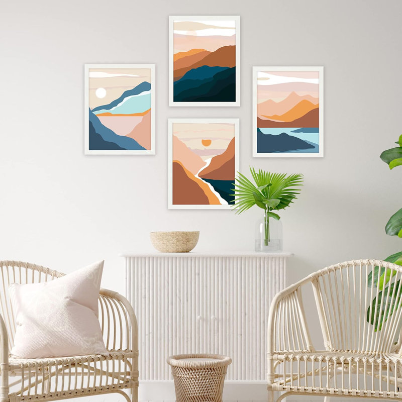 Ensemble encadré de 4 paysages encadrés sur papier orange et bleu, H 14 po x l 11 po x P 1 po, Blanc