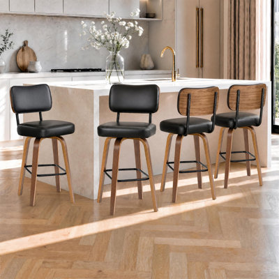 Ensemble de 4 tabourets de bar pivotants à hauteur de comptoir de 26 po avec dossier et pieds en bois cintré, tabourets de comptoir revêtus de similicuir pour comptoir de cuisine