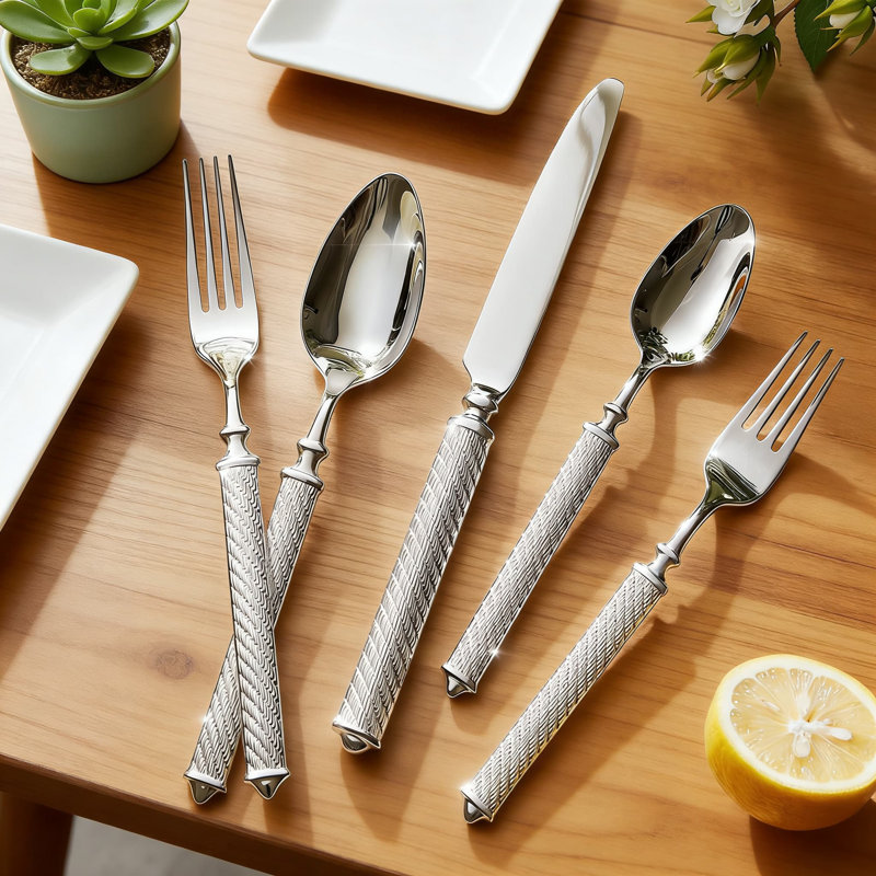 Ensemble de couverts 60 pièces à motif de corde rétro, poignées texturées à la main, acier inoxydable 18/10, lavable au lave-vaisselle, couverts durables pour les repas de tous les jours et les occasions spéciales