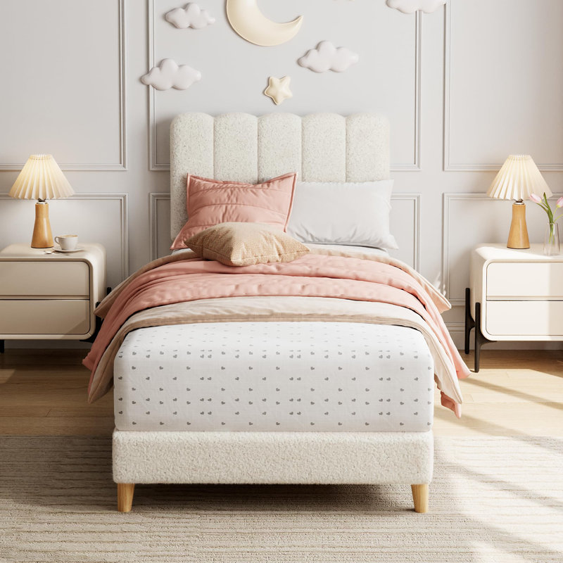 Bed Frame, Boucle Upholstered Platform Bed with Wave Headboard for Kids, Easy Assembly, Wooden Slats Support, White, Twin XL