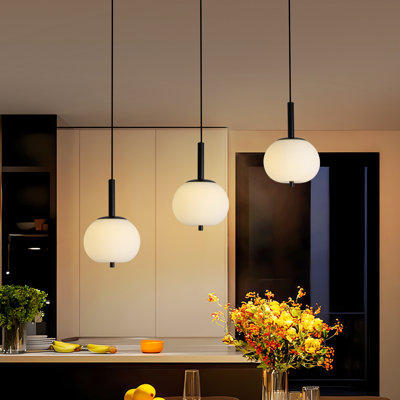 Modern Minimalist 3-light Bar Pendant Light With Frosted White Glass Globe Shades And Sand Black Metal For Living & Dining Spaces