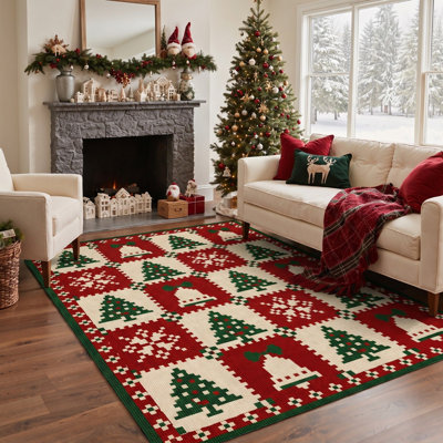 Tapis de salle à manger moderne à carreaux rouges et ivoire, motif « Holiday Icon Grid Christmas Modern Checker », lavable et à poils courts.