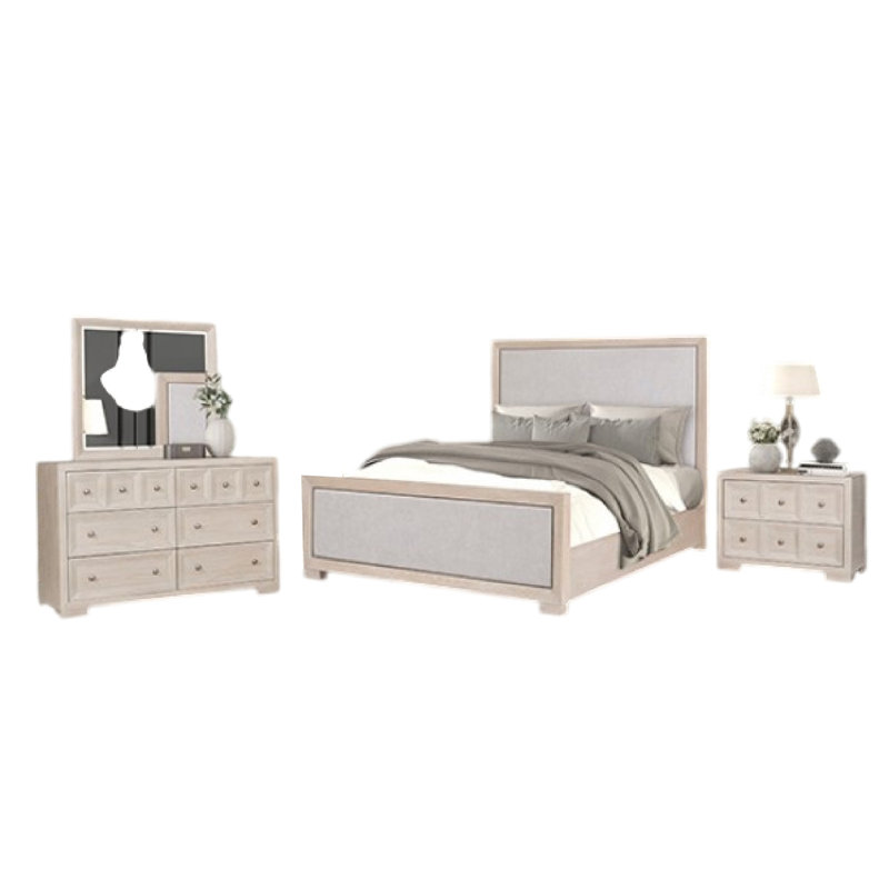 Ensemble de chambre avec grand lit 4 pièces Kizie, miroir, table de chevet, brun fauve, gris