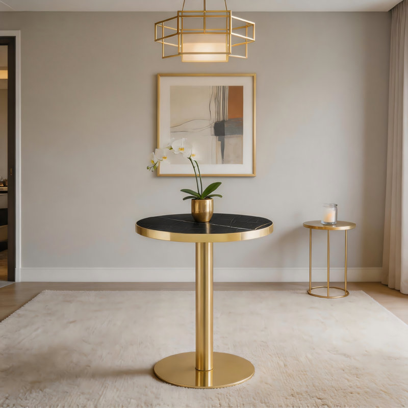 Table d'appoint ronde moderne 23,6 po, plateau en panneau de fibres à densité moyenne avec bordure en acier inoxydable doré et base piédestal