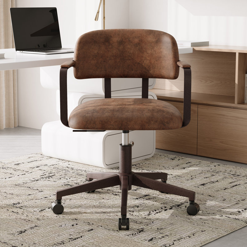 Mid Century Home Office Desk Chair with Padded Arms, Brown