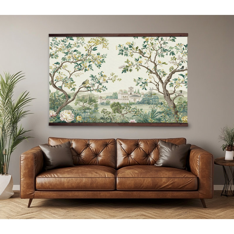 Très grand art mural tapisserie paysage de jardin chinois avec cintres en bois - scène botanique élégante, H 40 po x l 60 po