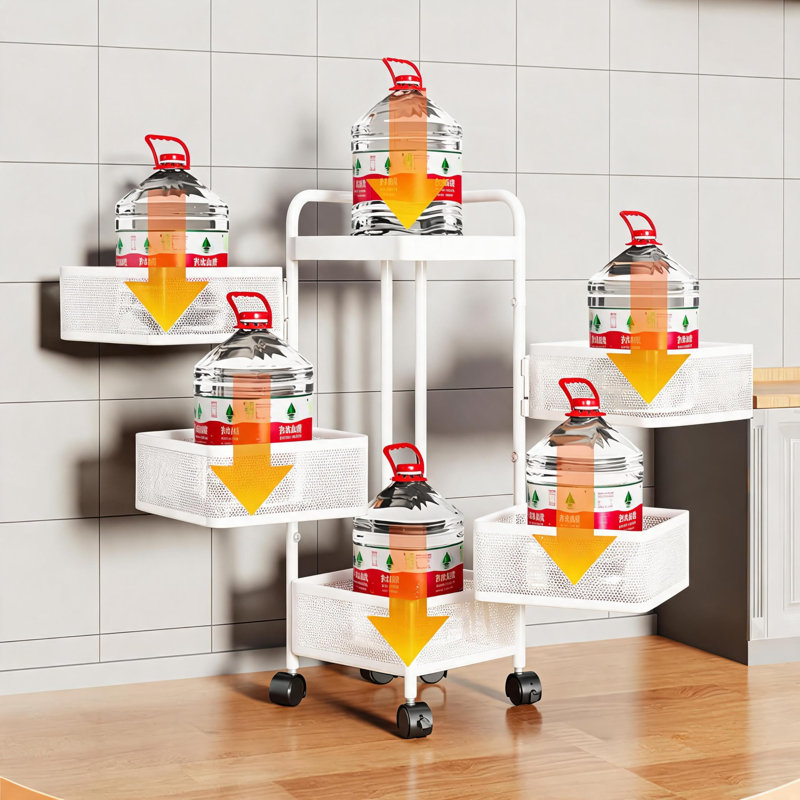 Chariot de rangement rotatif pour la cuisine peu encombrant - Organisateur de cuisine en acier au carbone à 5 niveaux avec roulettes, couvercle supérieur, sans assemblage, support à fruits et légumes polyvalent - blanc, 5 couches (100235)