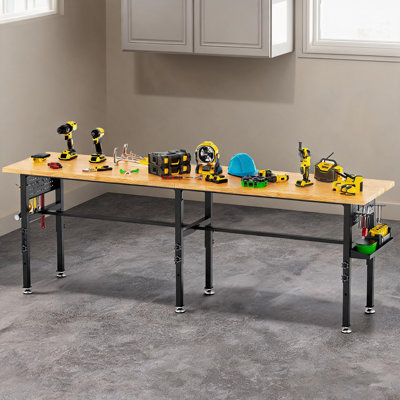 96-Inch Solid Wood Workbench with Side Pegboard, Classic Black Steel Frame, 2000 lbs Capacity, Adjustable Height Garage Work Table with Built-In Power Outlet and Storage