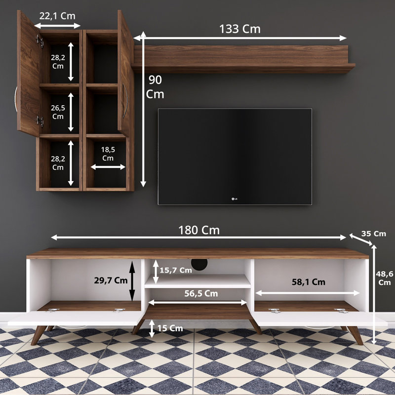 Meuble audio-vidéo pour téléviseur de 55 po ou moins Husnu, Blanc / noyer / argent