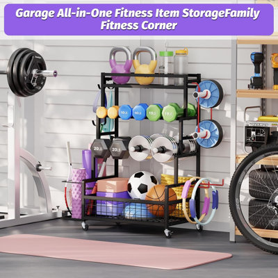 Dumbbell Rack for Home Gym, 490 lbs Weight Storage Rack with Wheels & Hooks