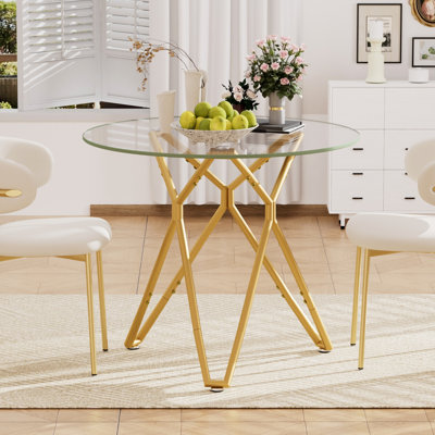 35.4-Inch Round Tempered Glass Dining Table, Suitable For 1-4 People, Space-Saving Small Kitchen Dining Table, Equipped With Sturdy Metal Table Legs, Suitable For Dining Room, Living Room