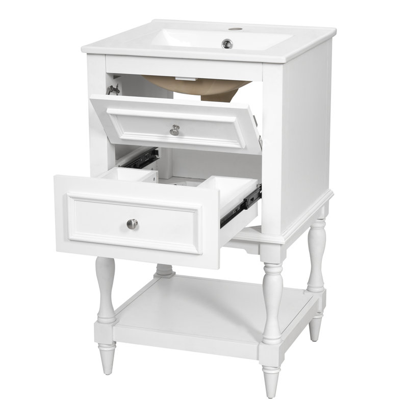Meuble-lavabo avec lavabo en céramique, tablette ouverte et 2 tiroirs, White