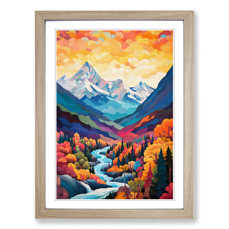 Japanese Mountains Orphism No.2 - Single Picture Frame Print on Wood, 64cm H x 46cm W x 2cm D, Oak Framed