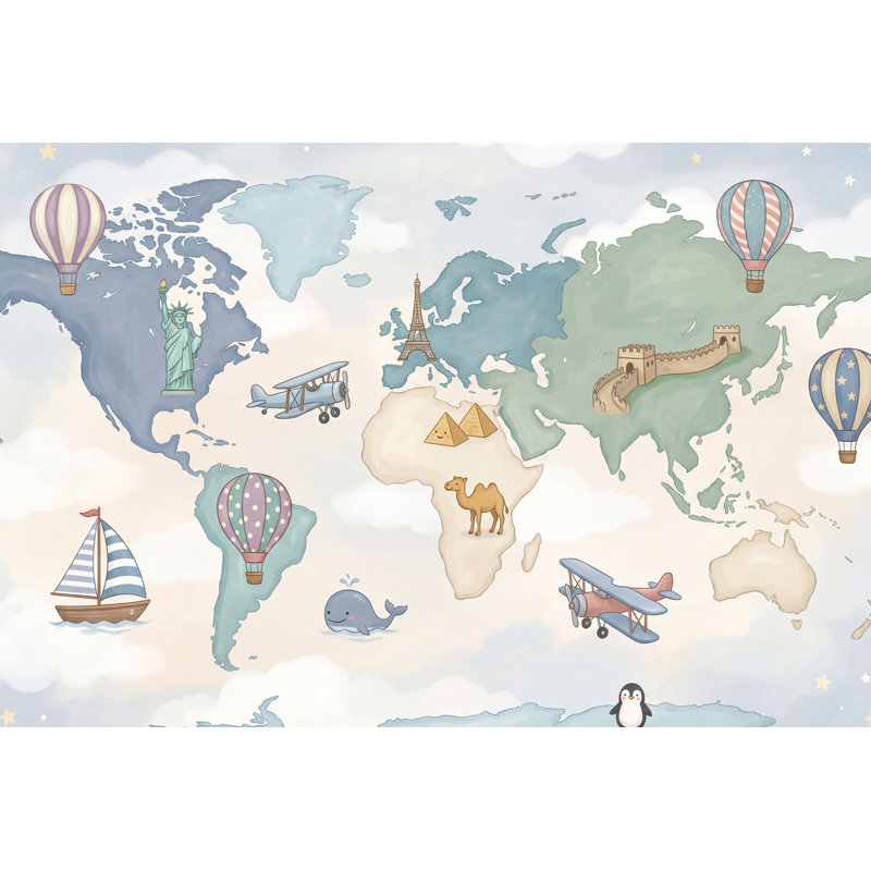 Papier peint carte du monde avec ciel nuageux, 120" x 96", Peler et coller