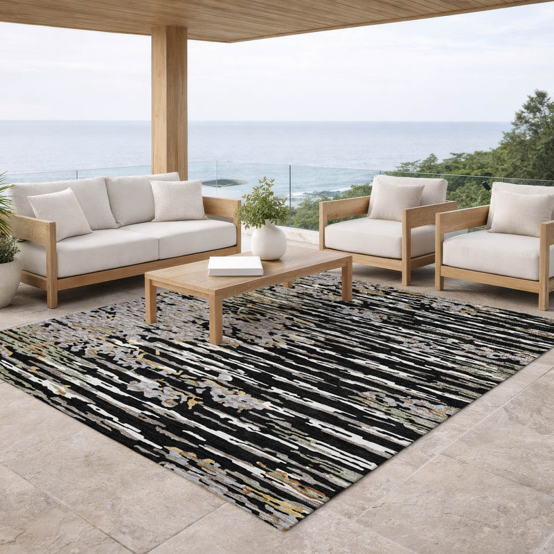 Machine Washable Indoor/Outdoor Chantille ACN2839 Abstract Rug, Black, 3' x 5'