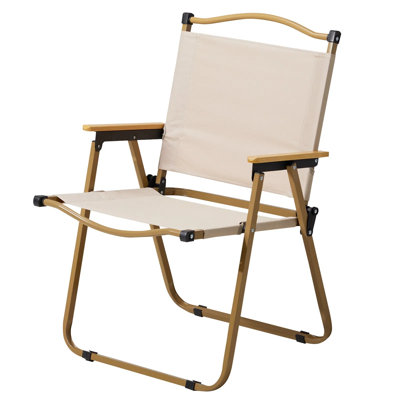 Komefrog-Style Double Outdoor Folding Chair Retro Khaki Color + Natural Wood Armrests 600D Oxford Cloth Weather-Resistant Design Sturdy Steel Frame With A 120Kg Load Capacity Perfect For Camping Picnics And Campfire Relaxation.