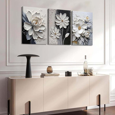 3Pcs 2d Art moderne sur toile à motif floral abstrait blanc et noir à motif de fleurs, marguerite élégante, affiche, peintures, pour le bureau, le salon, la chambre, la salle de bain, la décoration intérieure, 12 po x 16 po