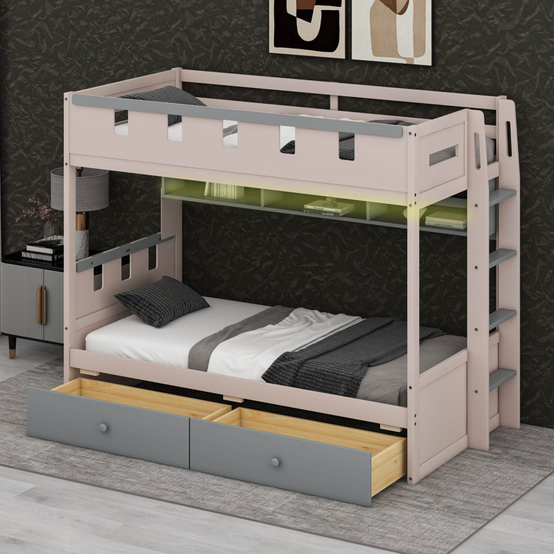 Lit superposé avec lumières DEL, lit superposé de style château en bois avec tiroirs de rangement et tablette, Twin, Grey